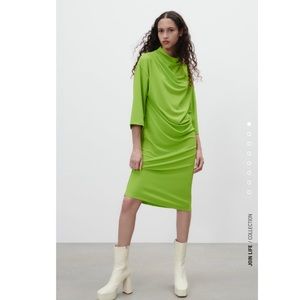 ZARA NWT DRAPED MIDI DRESS NEON GREEN SIZE M